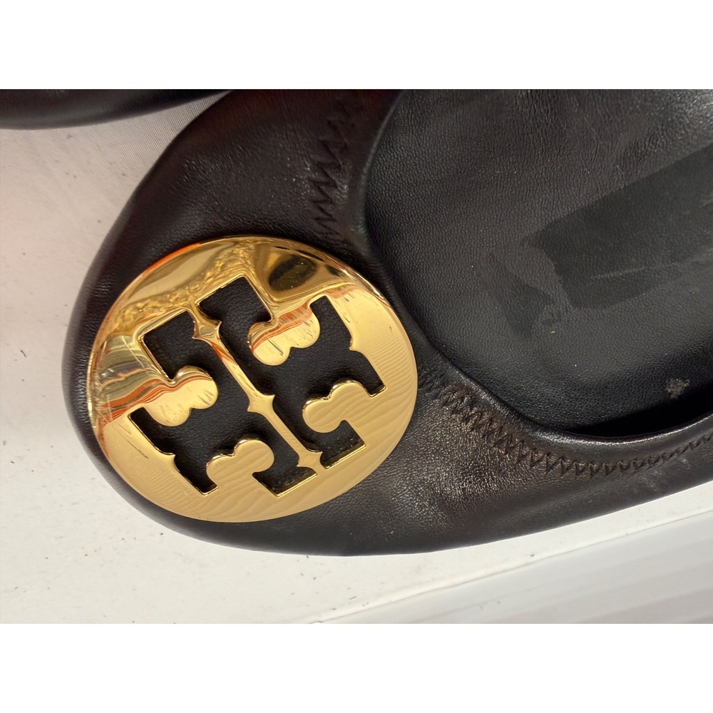 Tory Burch Reva Black Leather Gold‎ Logo Medallion Ballet Flats 11 - Picture 5 of 13